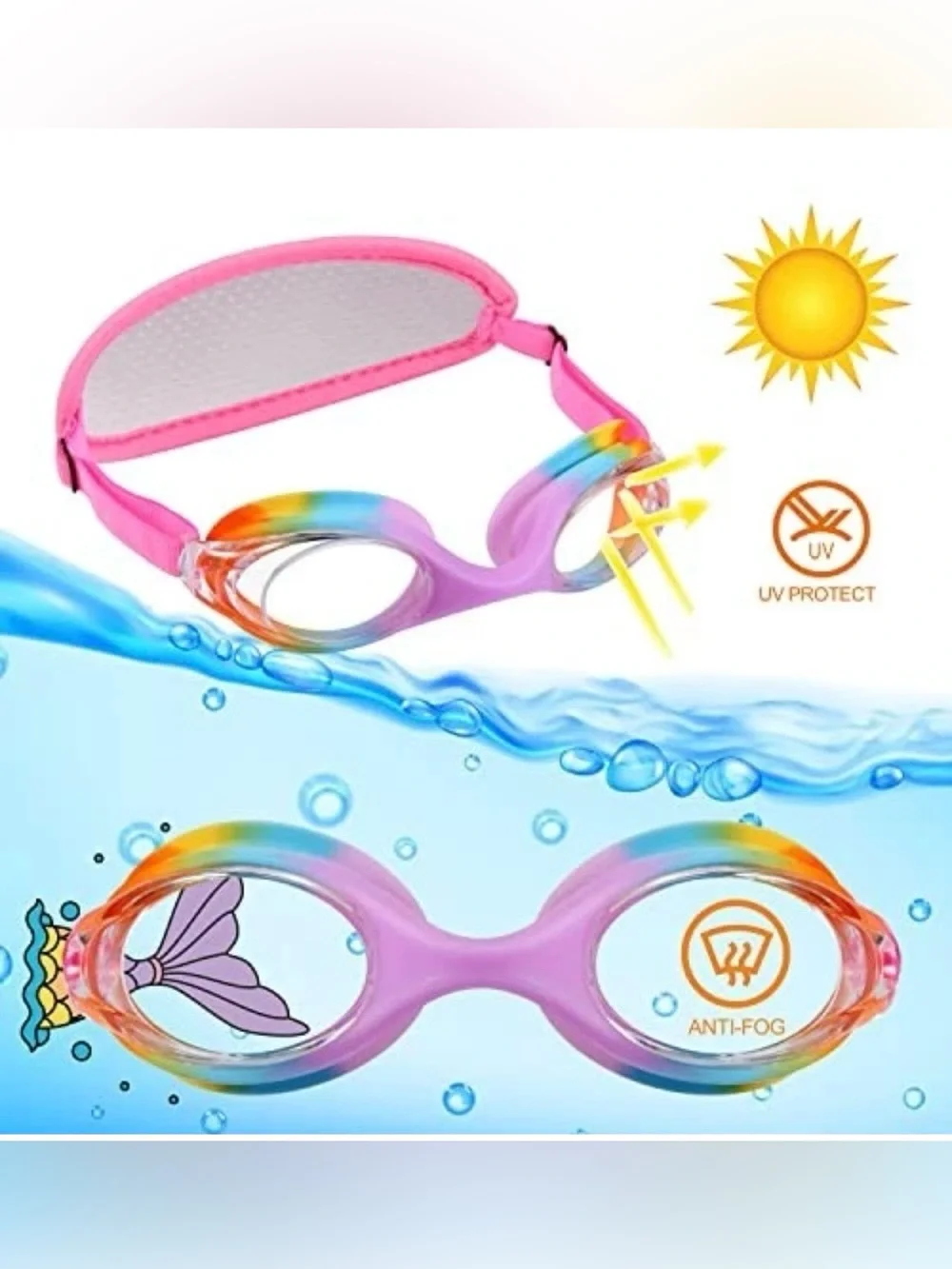 Kids Swim Goggles Age 3-8 Jr Rainbow Unicorn Case No Hair Pull Anti-Fog UV New
